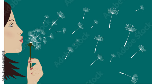Girl blowing on dandelion, vector illustration