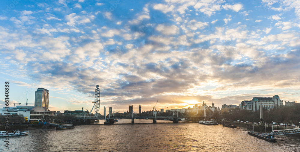 London panoramic view at sunset with Big Ben on background