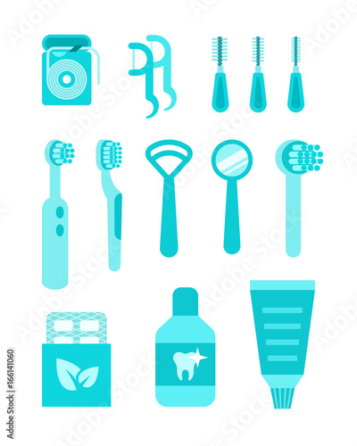 Dental care vector icons. Oral hygiene individual tools. Flat simple illustrations. Clean mouth home equipment such as tooth brushes, dental floss, tongue scrapers, toothpaste. Isolated on white