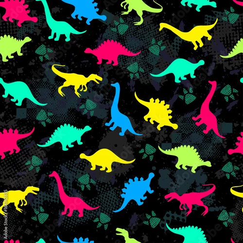 Obraz Śliczne dziecięce wzory dla dziewczynek i chłopców. Kolorowe dinozaury na abstrakcyjnym tle grunge tworzą zabawny rysunek kreskówki. Tło jest wykonane w neonowych kolorach. Tło miejskie dla tekstyliów i tkanin.