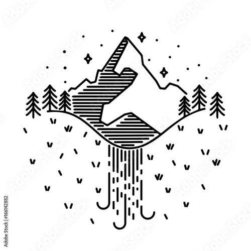 Vector vintage landscape with mountain peaks, waterfall end graphic elements.
