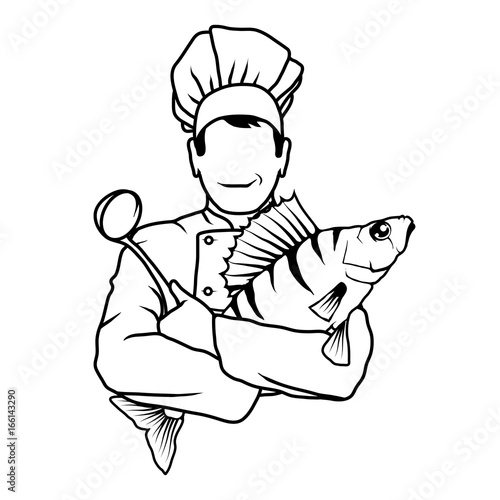 Vector seafood logo. Cartoon chef with fish in hands. Isolated on white background. Ocean Delicacies collection