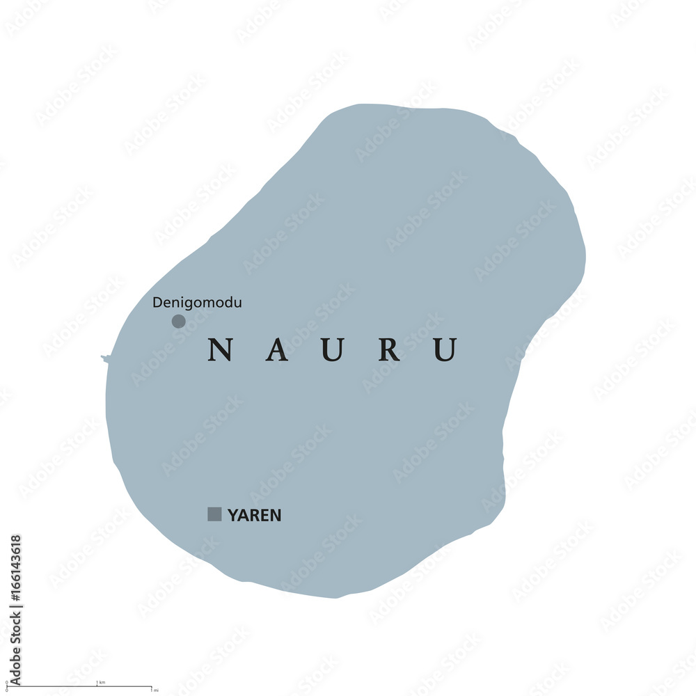 Nauru political map with capital Yaren. Formerly Pleasant Island. A republic and island country in Micronesia in the Central Pacific. English labeling. Gray illustration on white background. Vector. Nauru political map with capital Yaren. Formerly Pleasant Island. A republic and island country in Micronesia in the Central Pacific. English labeling. Gray illustration on white background. Vector.