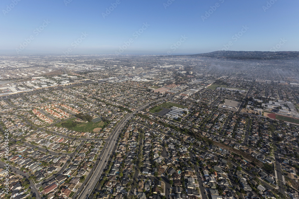Fototapeta premium Aerial view of summer haze above Anza Ave near Del Amo Blvd in Torrance, California. 
