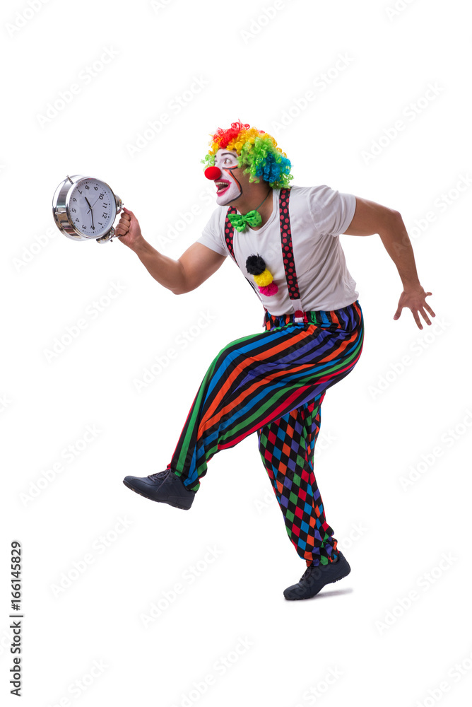 Funny clown with an alarm clock isolated on white background Funny clown with an alarm clock isolated on white background