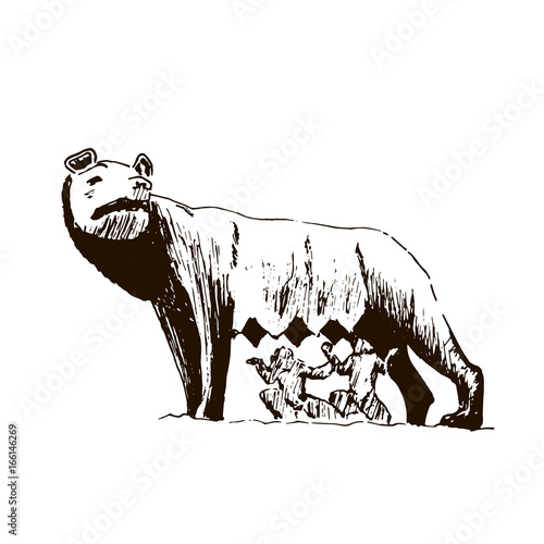 Capitoline Wolf. Rome city symbol. she-wolf t Beautiful hand drawn vector sketch illustration. Italy. isolated on white