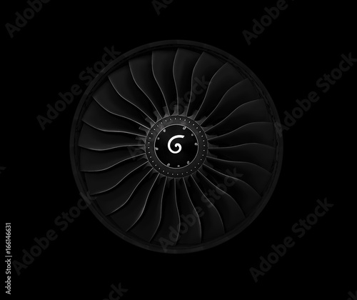 Jet engine front view isolated on black background.