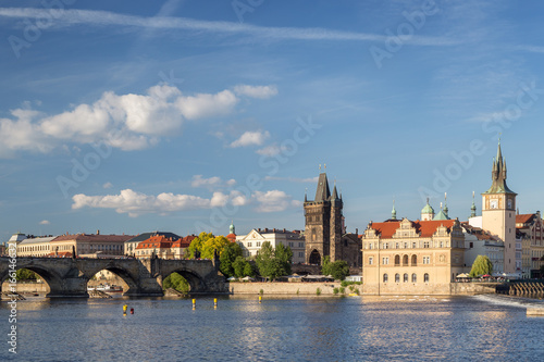 Charles Bridge (Karluv most), Vltava River and old buildings at the Old Town in Prague, Czech Republic. Copy space.