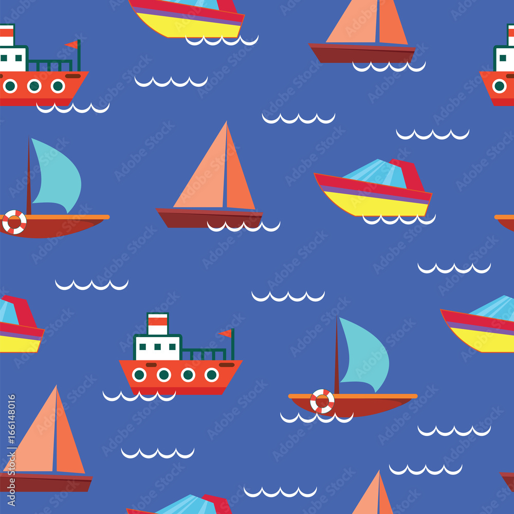 Ships and boats on blue background - sea seamless vector pattern. Graphic art Ships and boats on blue background - sea seamless vector pattern. Graphic art