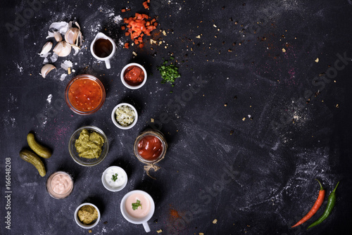 Sauces, appetizers and cooking ingredients, food background