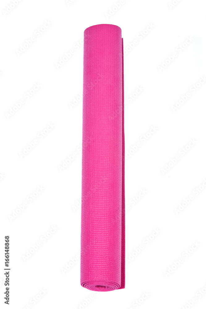 Pink foam yoga and pilates mat isolated on white background Pink foam yoga and pilates mat isolated on white background