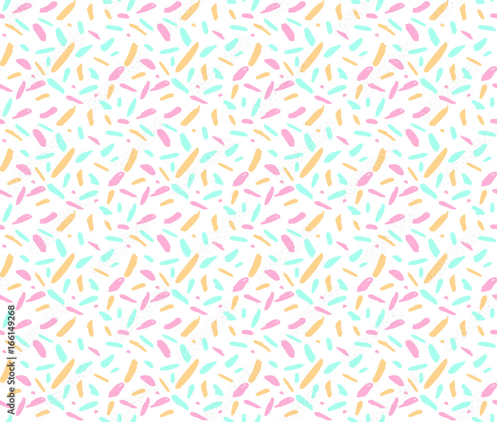 Abstract seamless ditsy pattern with pink, blue and yellow random spots and marks on white background. Abstract seamless ditsy pattern with pink, blue and yellow random spots and marks on white background.