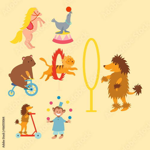 Circus funny animals set of vector icons cheerful zoo entertainment collection juggler pets magician performer carnival illustration.