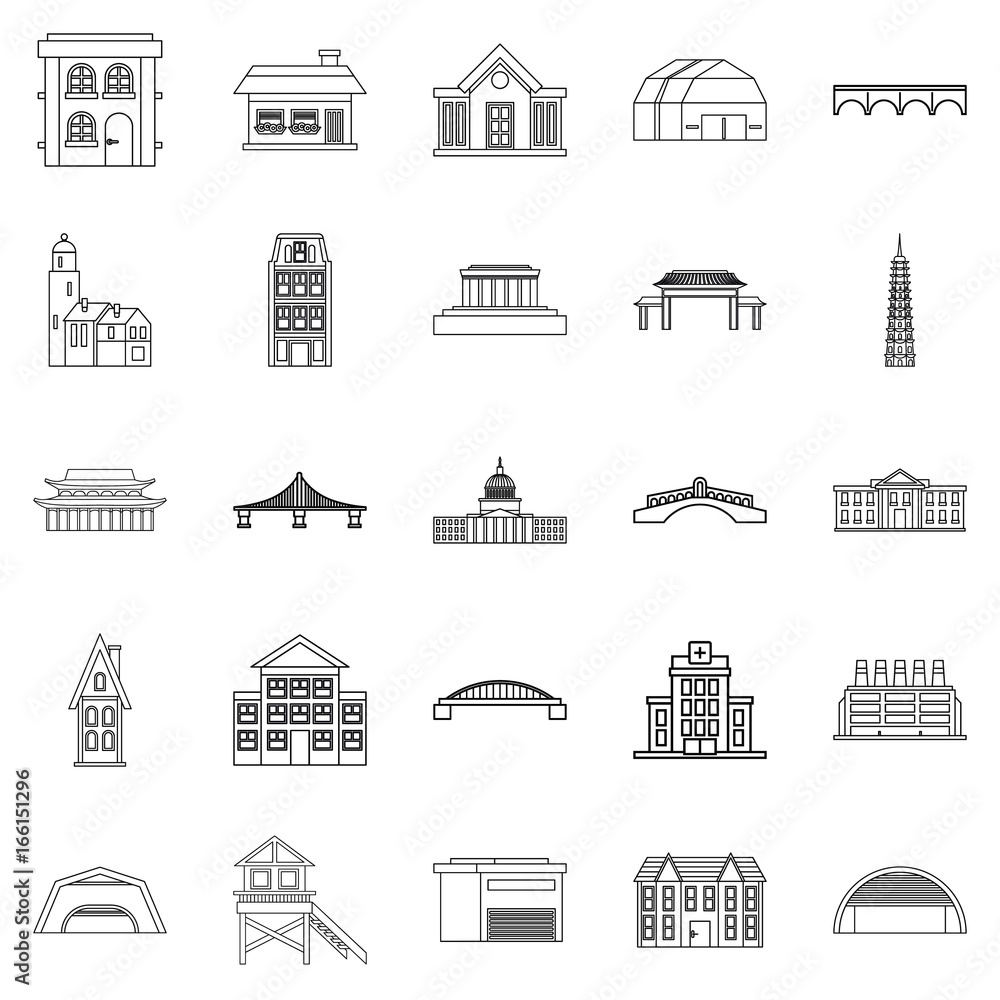Building icons set, outline style
