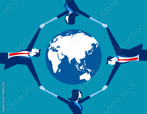 A world globe surrounded by business people. Concept business vector illustration.