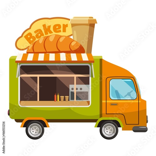 Baker van mobile snack icon, cartoon style