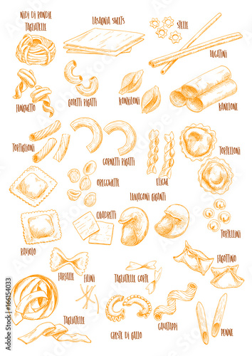 Italian pasta vector sketch names icons set