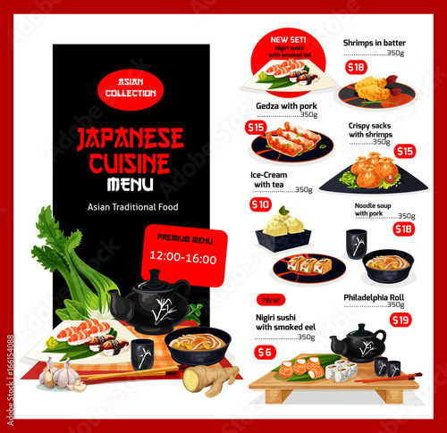 Japanese cuisine vector menu price cards template