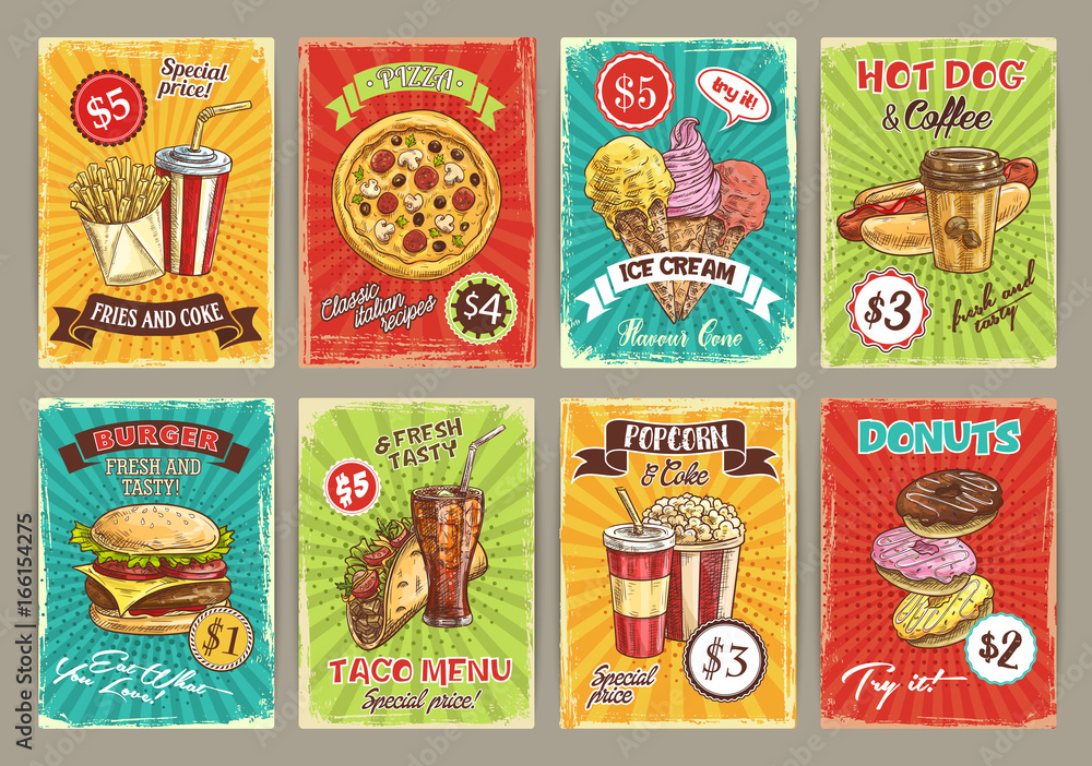 Vector price cards for fastfood meals restaurant