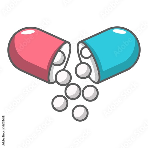 Open capsule pill icon, cartoon style