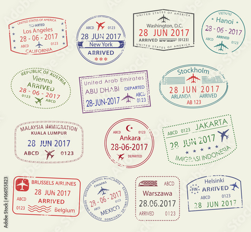 Vector icons of city passport stamps world travel