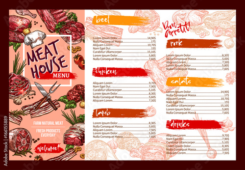 Vector menu template for fresh meat restaurant