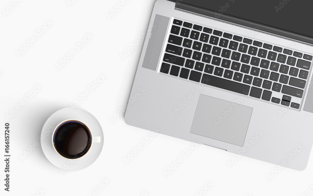 Modern workspace with laptop and coffee cup copy space on color background. Top view. Flat lay style. Modern workspace with laptop and coffee cup copy space on color background. Top view. Flat lay style.