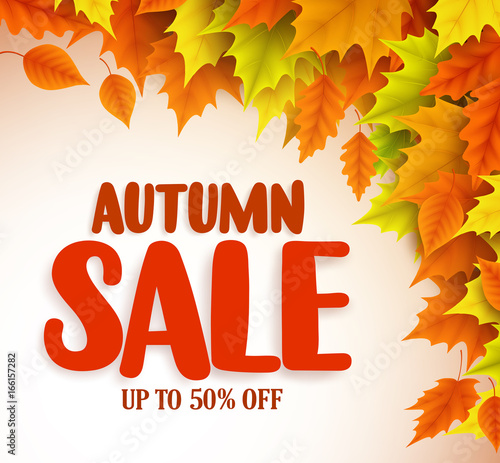 Autumn sale vector banner design with orange and yellow maple leaves in a background for fall season discount promotion. Vector illustration.
