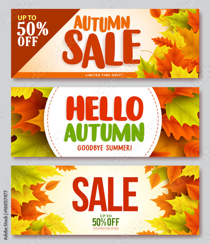 Autumn sale and hello autumn vector design set of banners and background for fall season with maple leaves. Vector illustration.
