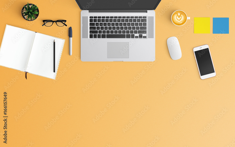 Modern workspace with coffee cup, notebook, smartphone and laptop copy space on orange color background. Top view. Flat lay style. Modern workspace with coffee cup, notebook, smartphone and laptop copy space on orange color background. Top view. Flat lay style.