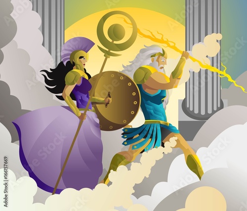 zeus jupiter and palas athena minerva greek roman mythology god of the ray and goddess of the wisdom