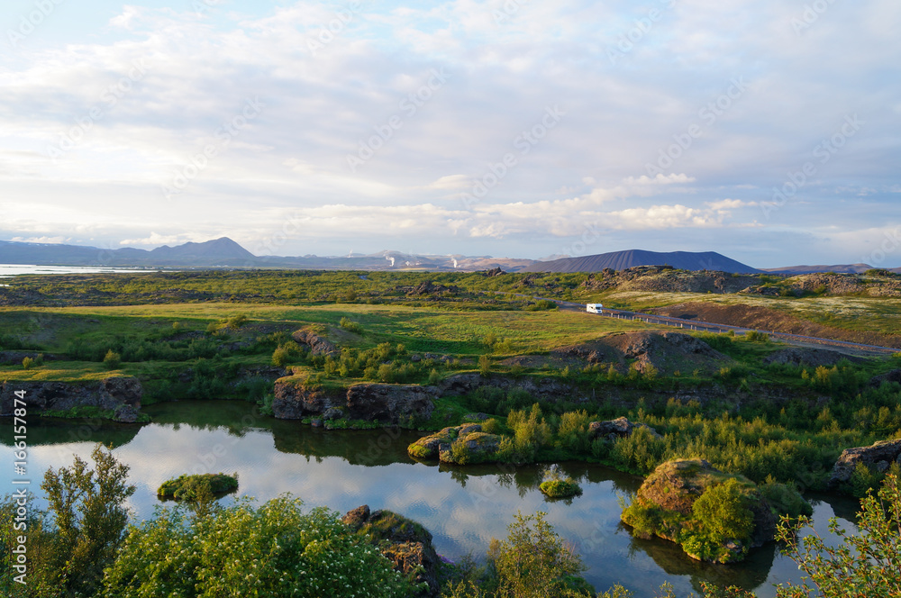 View of Lake Myvatn with various volcanic rock formations,  Iceland