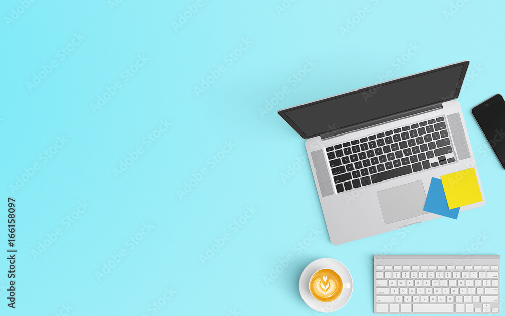 Modern workspace with coffee cup, notebook, smartphone and laptop copy space on Blue color background. Top view. Flat lay style. Modern workspace with coffee cup, notebook, smartphone and laptop copy space on Blue color background. Top view. Flat lay style.