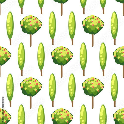 Nature seamless pattern with green apple trees and cypresses, vector illustration