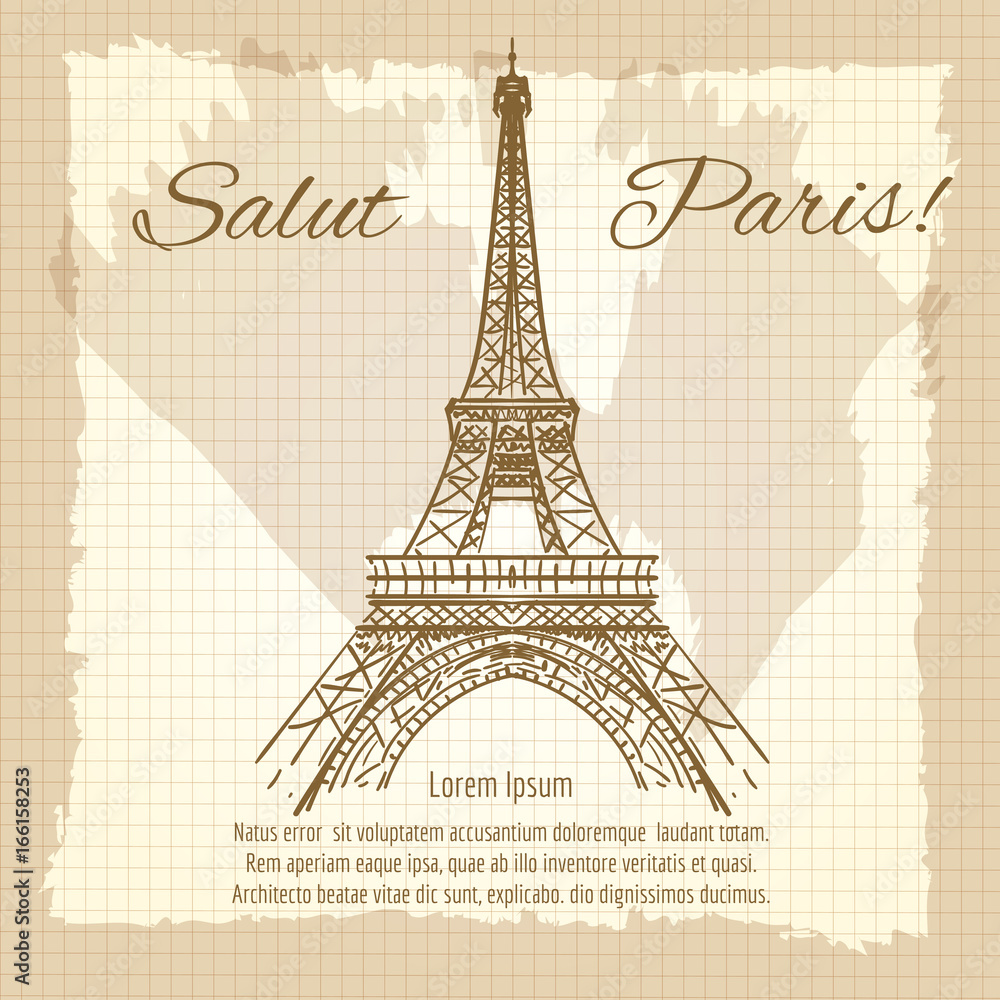 Salut Paris vintage poster design with Eiffel tower. Vector illustration