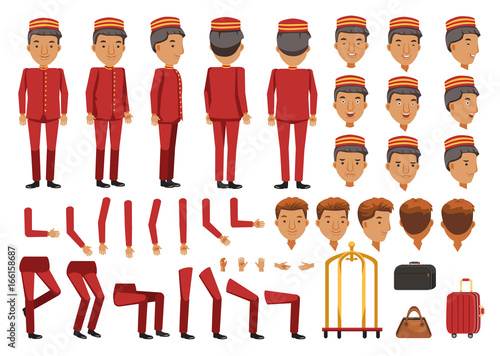 Hotel luggage cartoon character creation set.Icons with different types of faces and hair style, emotions,icon,front, rear, side view of male person.Moving arms, legs.Vector Isolated on background