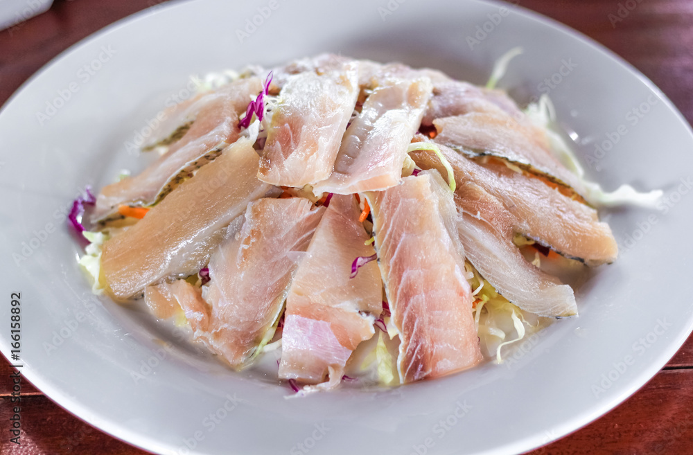 Fresh snapper with vegetable prepare sliced for soup Fresh snapper with vegetable prepare sliced for soup