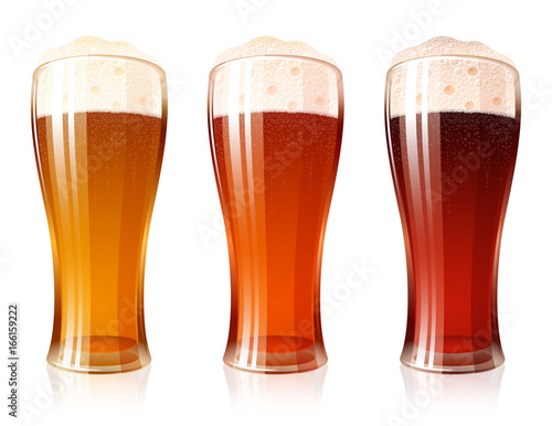 Glass of beer with a varieties of foamy Beer Light Lager, Cool Red, Dark Porter; High detailed realistic vector icon set for a brewing theme. No Mesh