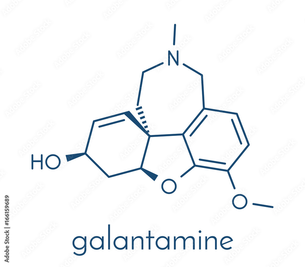 Galantamine alkaloid molecule. Found in Caucasian snowdrop, used in treatment of Alzheimer's disease. Skeletal formula. Galantamine alkaloid molecule. Found in Caucasian snowdrop, used in treatment of Alzheimer's disease. Skeletal formula.