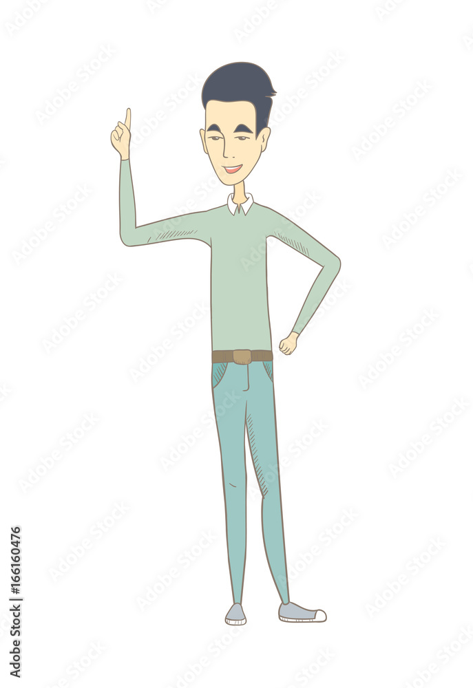 Young asian man pointing his forefinger up. Young asian man pointing his forefinger up.