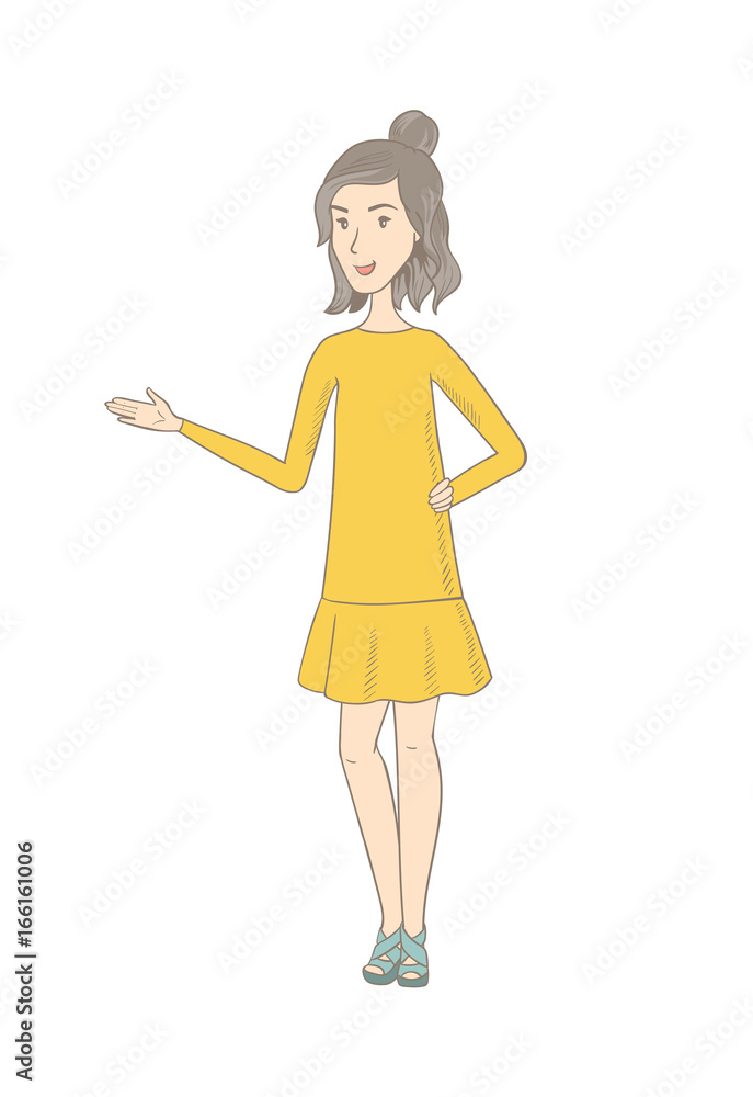Hippie woman with arm out in a welcoming gesture Hippie woman with arm out in a welcoming gesture