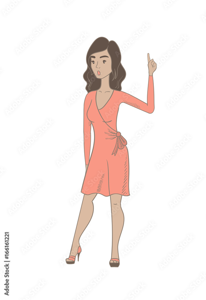 Hispanic woman with open mouth pointing finger up. Hispanic woman with open mouth pointing finger up.