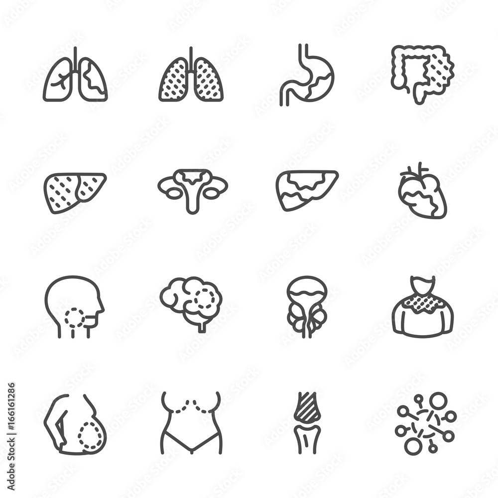 Cancer , Medical and healthcare icons set, Vector line icons