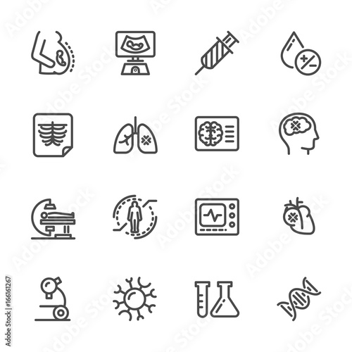 Medical diagnostics. Health check up. Vector line icons