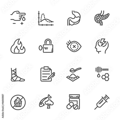 Diabetes icons set, Vector line icons