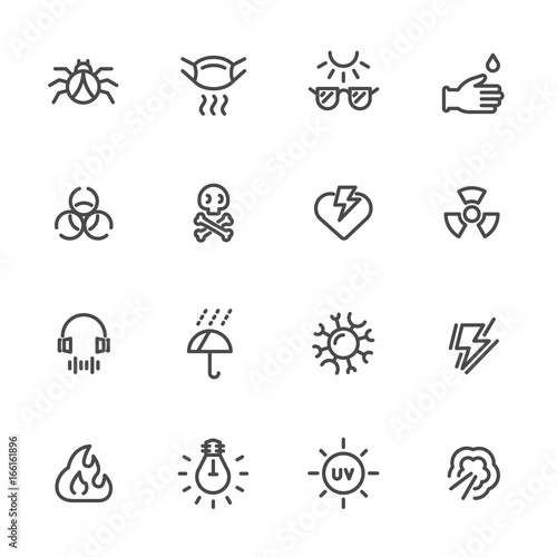 Pollution and Protective Equipment. Vector line icons
