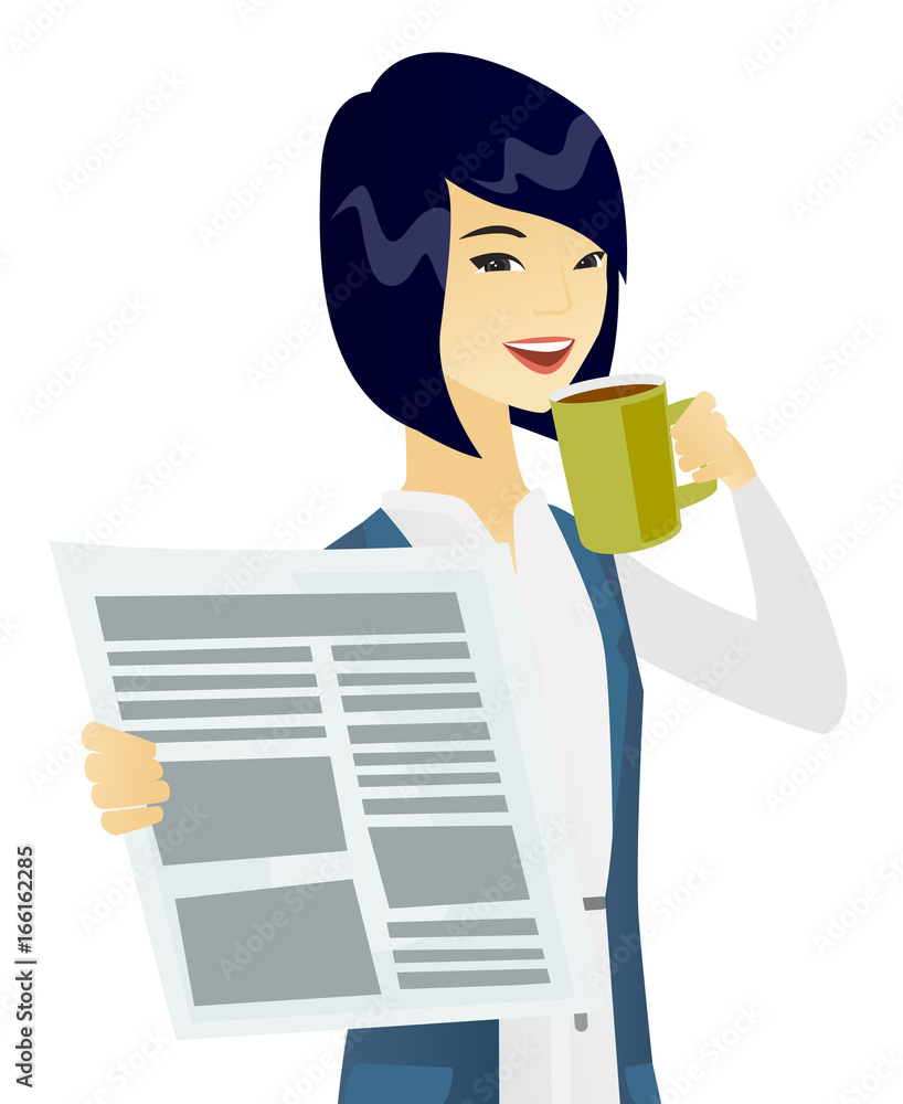 Asian woman drinking coffee and reading newspaper. Asian woman drinking coffee and reading newspaper.