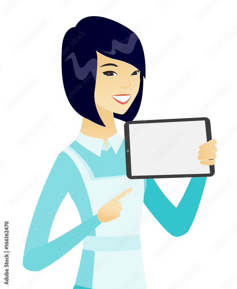 Young asian cleaner holding tablet computer.