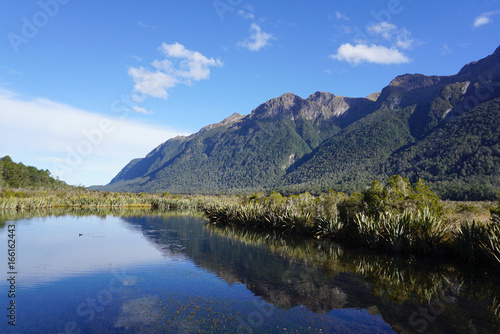Fototapeta Naklejka Na Ścianę i Meble -  Beautiful reflection of the landscape of the meadow in mirror lake Queenstown in New Zealand