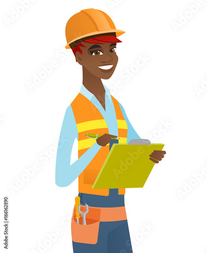 Young african building inspector with clipboard.